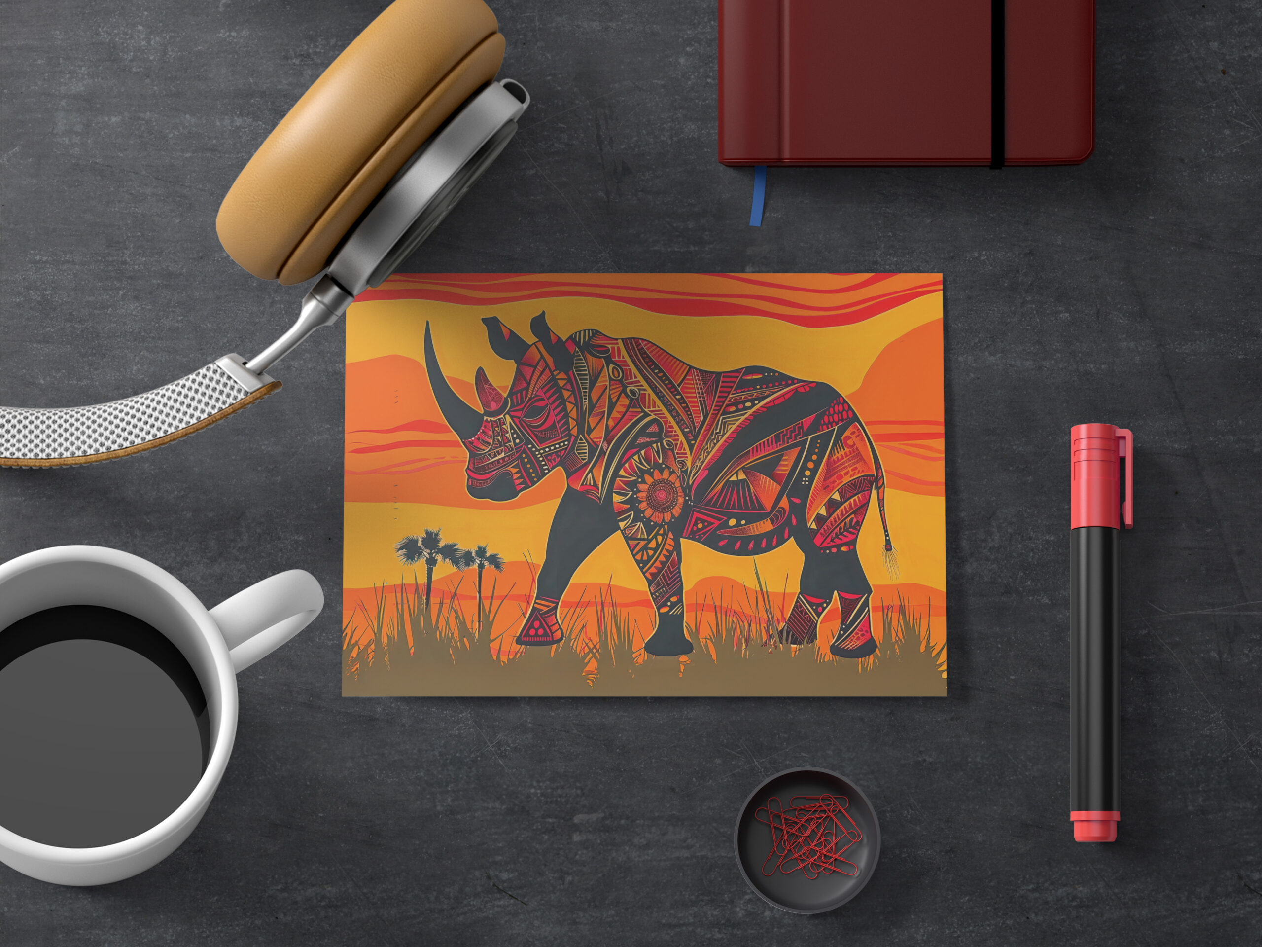 raxxa Postkarte: African rhino with tribal pattern design