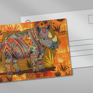 raxxa Postkarte: A single African rhino with bold tribal patterns, standing in a stylized savanna scene painted in African folk art style