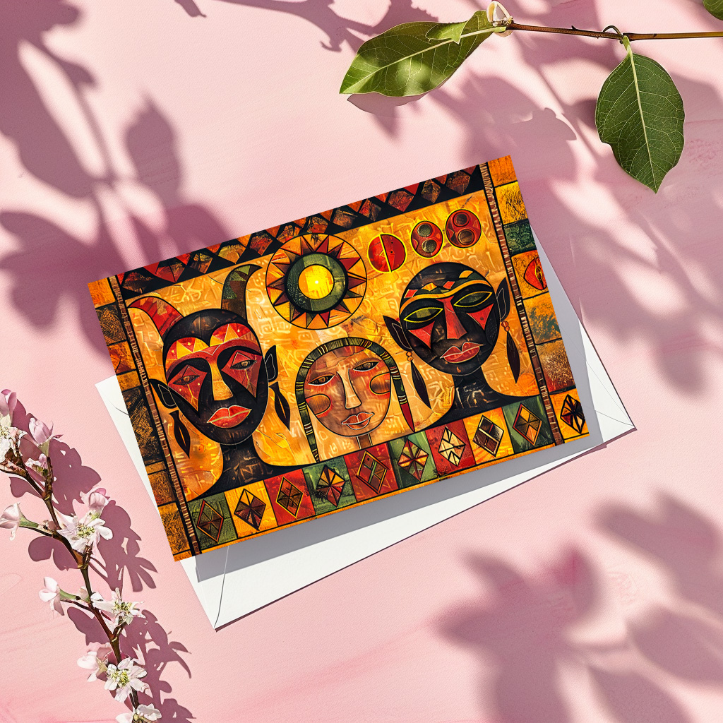raxxa Postkarte: African sun and masks in tribal painting