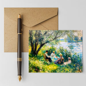 raxxa Postkarte: family enjoying a picnic in a lush meadow on river