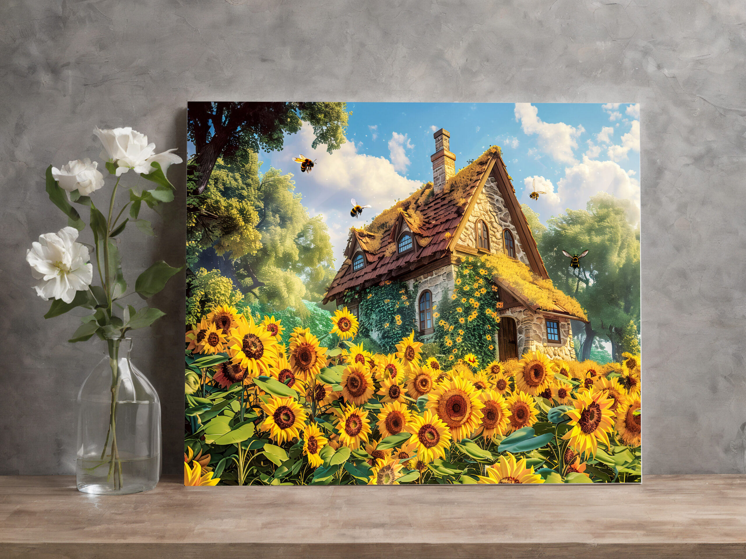 raxxa Canva: Sunlit Farmhouse with Blooming Sunflowers