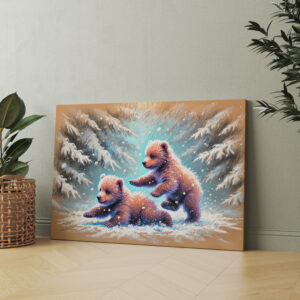 raxxa Canva: Playful Bear Cubs in Snow Pastel Chalk Drawing