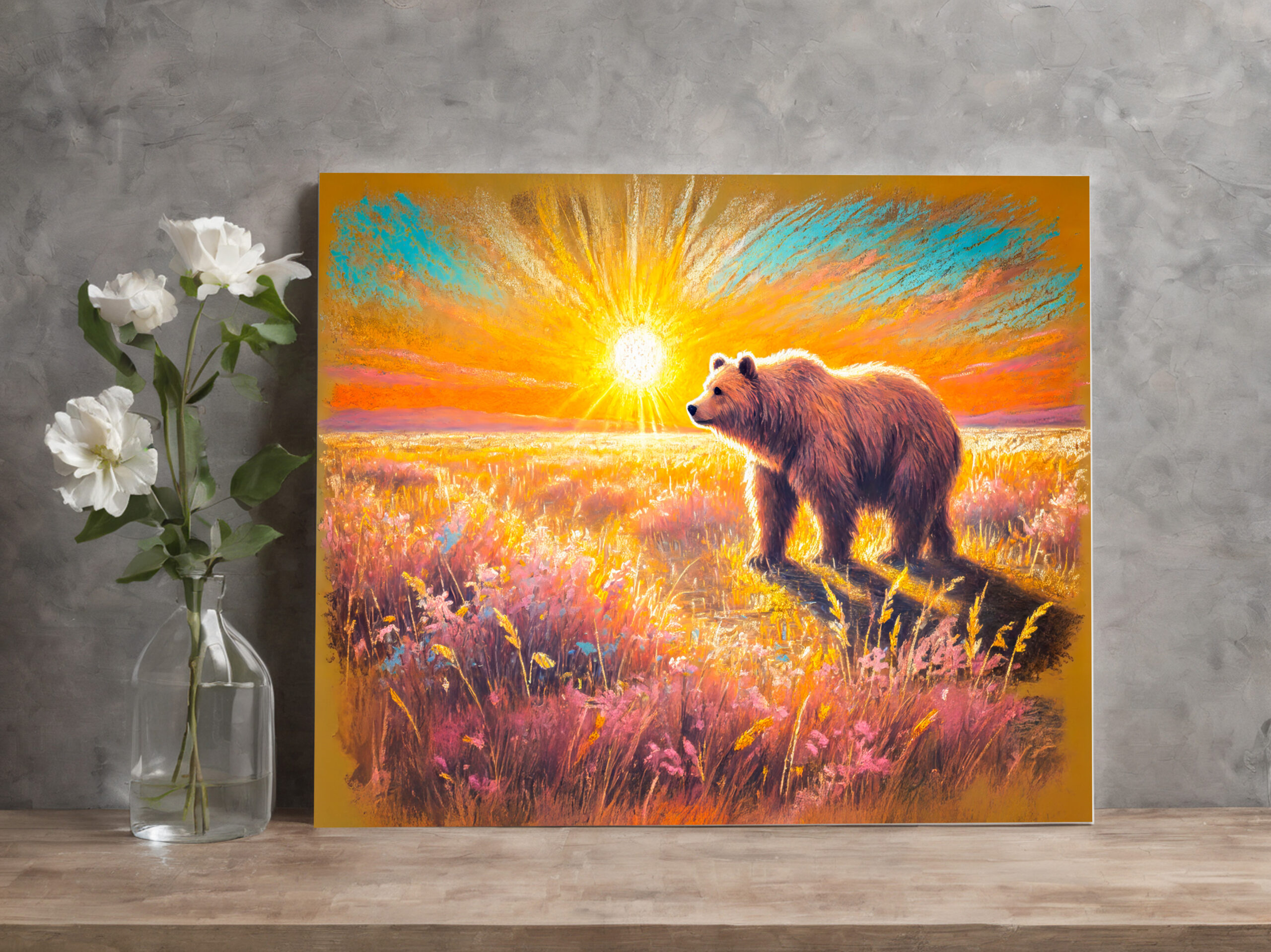 raxxa Canva: Brown Bear in Snowy Forest Pastel Chalk Art