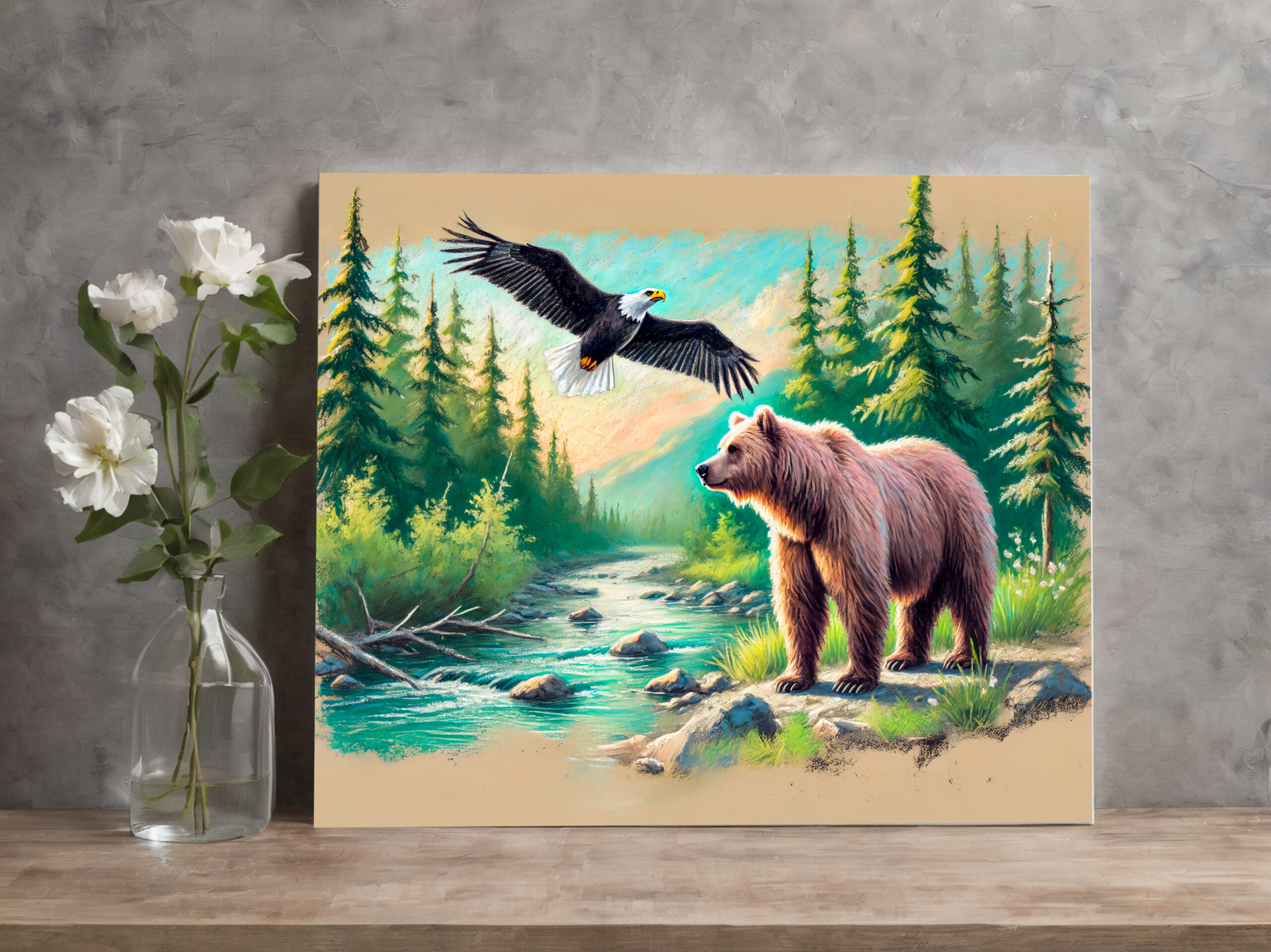 raxxa Canva: Bear and Eagle in Forest Stream Pastel Chalk Drawing – Image 2