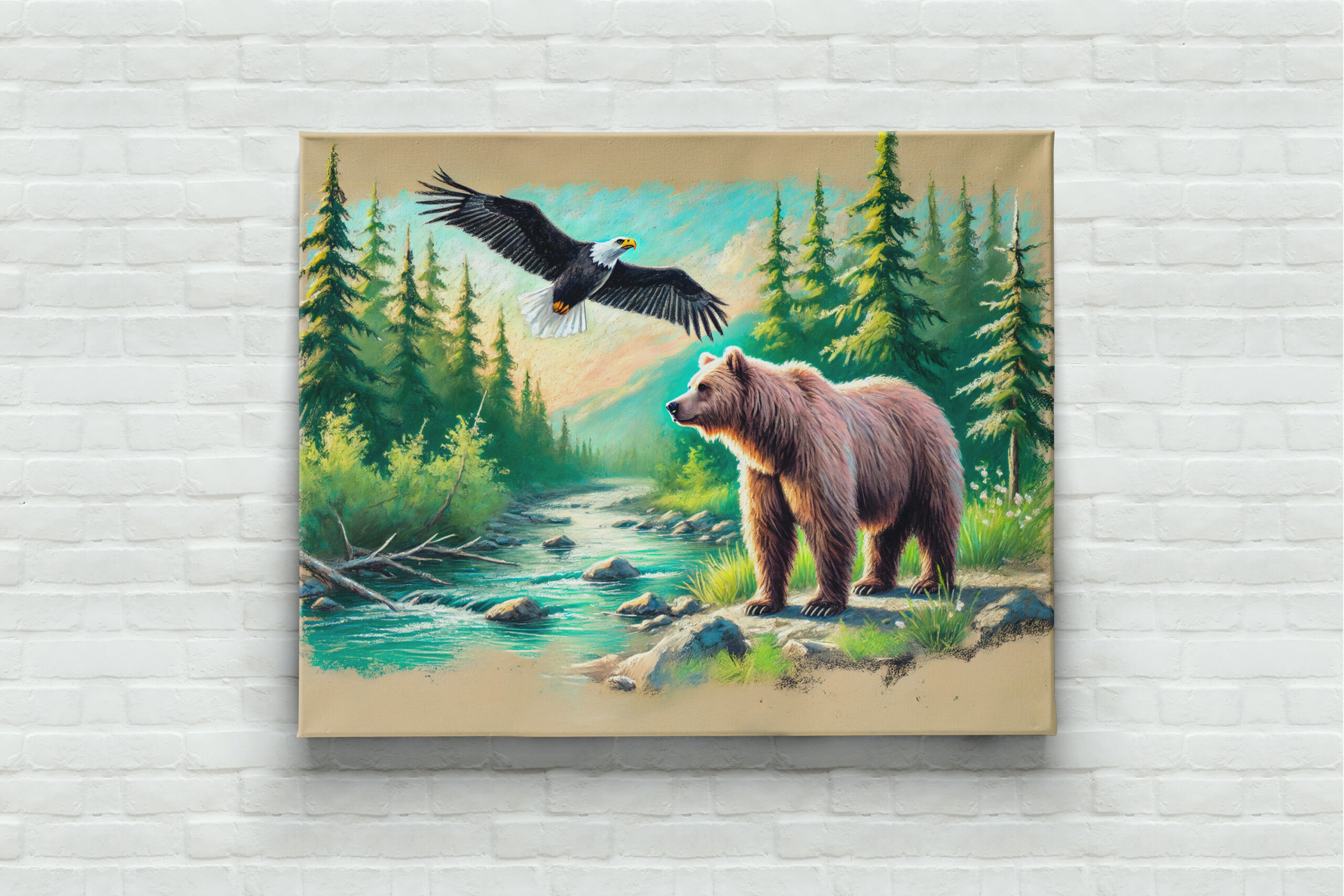 raxxa Canva: Bear and Eagle in Forest Stream Pastel Chalk Drawing – Image 3