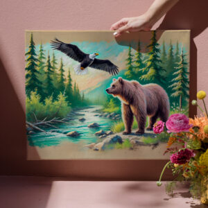 raxxa Canva: Bear and Eagle in Forest Stream Pastel Chalk Drawing