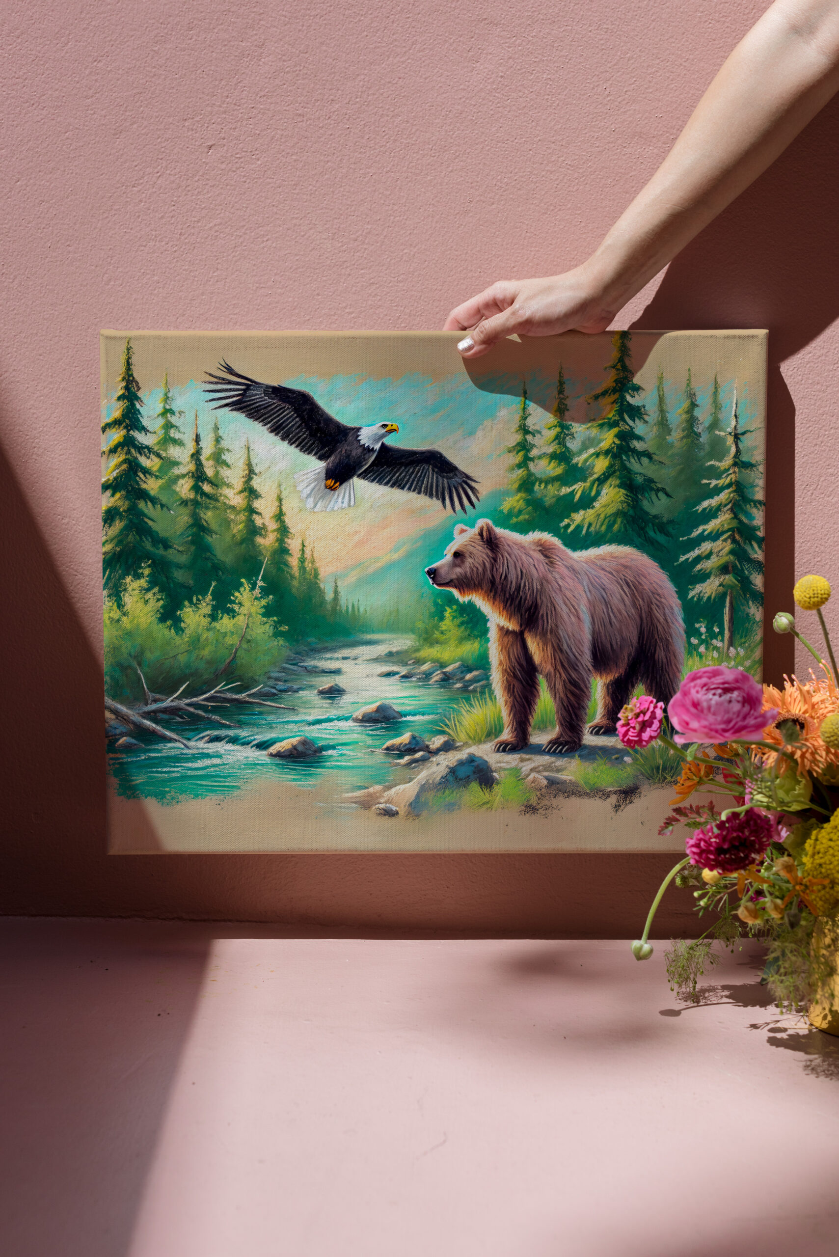 raxxa Canva: Bear and Eagle in Forest Stream Pastel Chalk Drawing