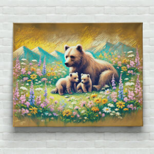 raxxa Canva: Bear Family in Mountain Meadow Pastel Chalk Drawing