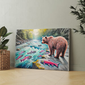 raxxa Canva: Brown Bear Watching Salmon Pastel Chalk Drawing