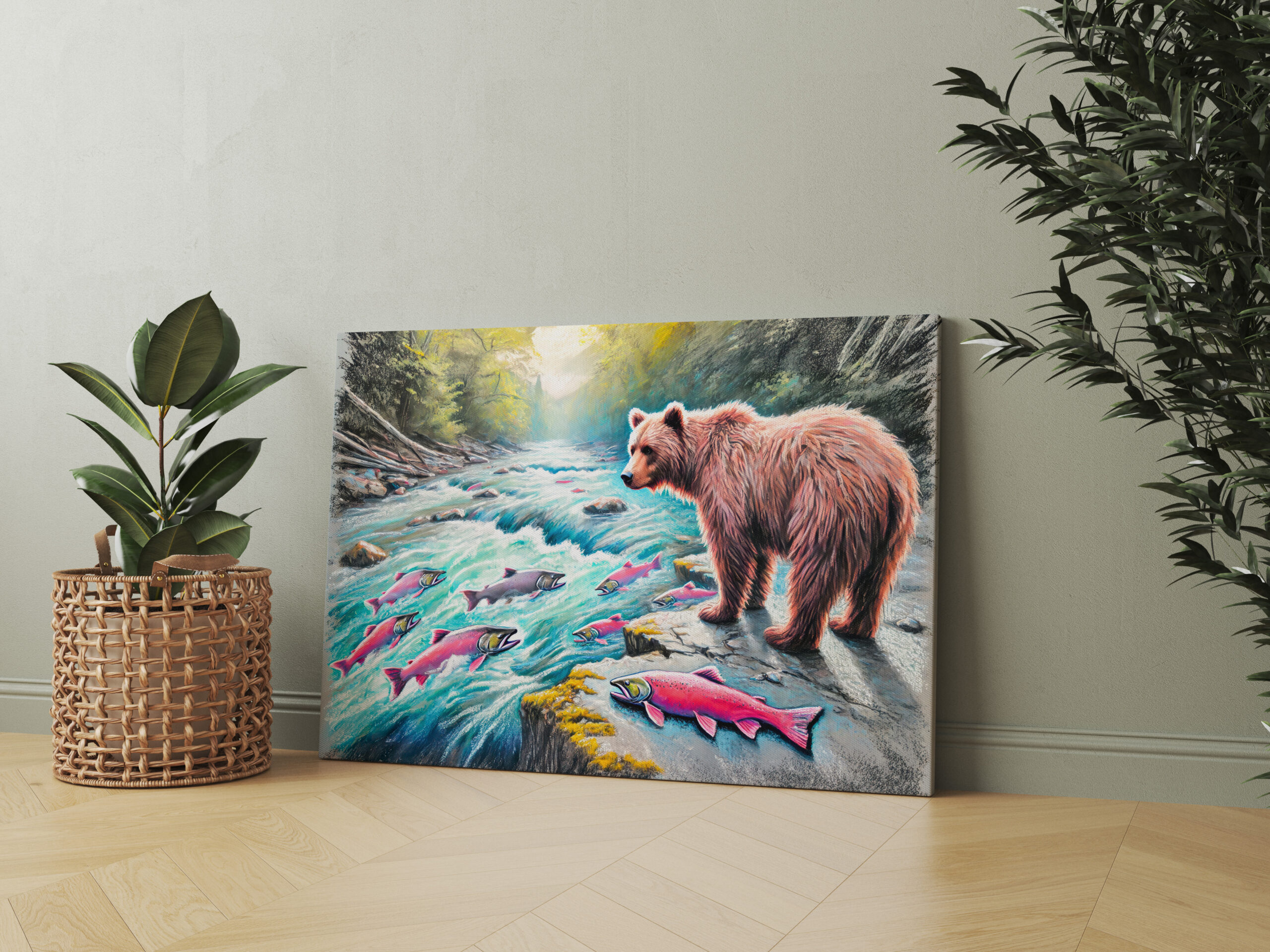 raxxa Canva: Brown Bear Watching Salmon Pastel Chalk Drawing