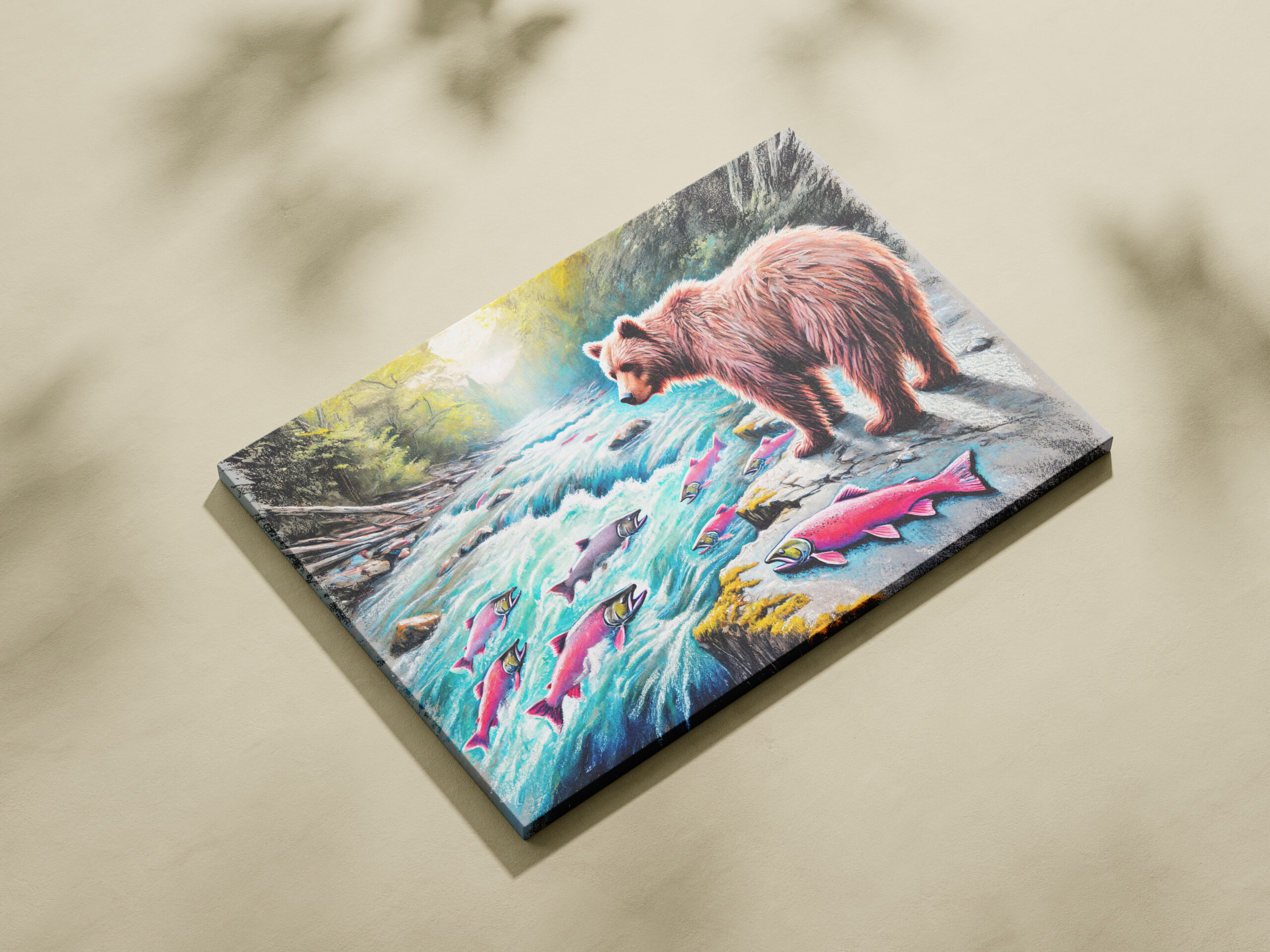 raxxa Canva: Brown Bear Watching Salmon Pastel Chalk Drawing – Image 2