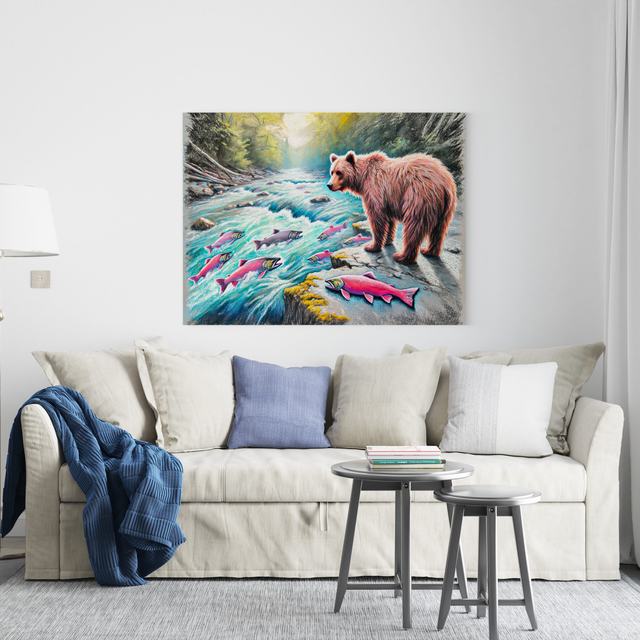 raxxa Canva: Brown Bear Watching Salmon Pastel Chalk Drawing – Image 3