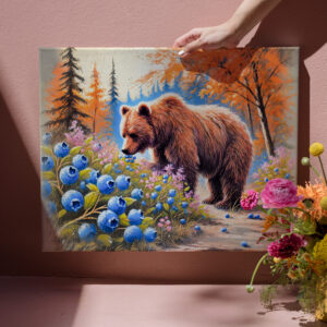 raxxa Canva: Brown Bear with Blueberries Pastel Chalk Art
