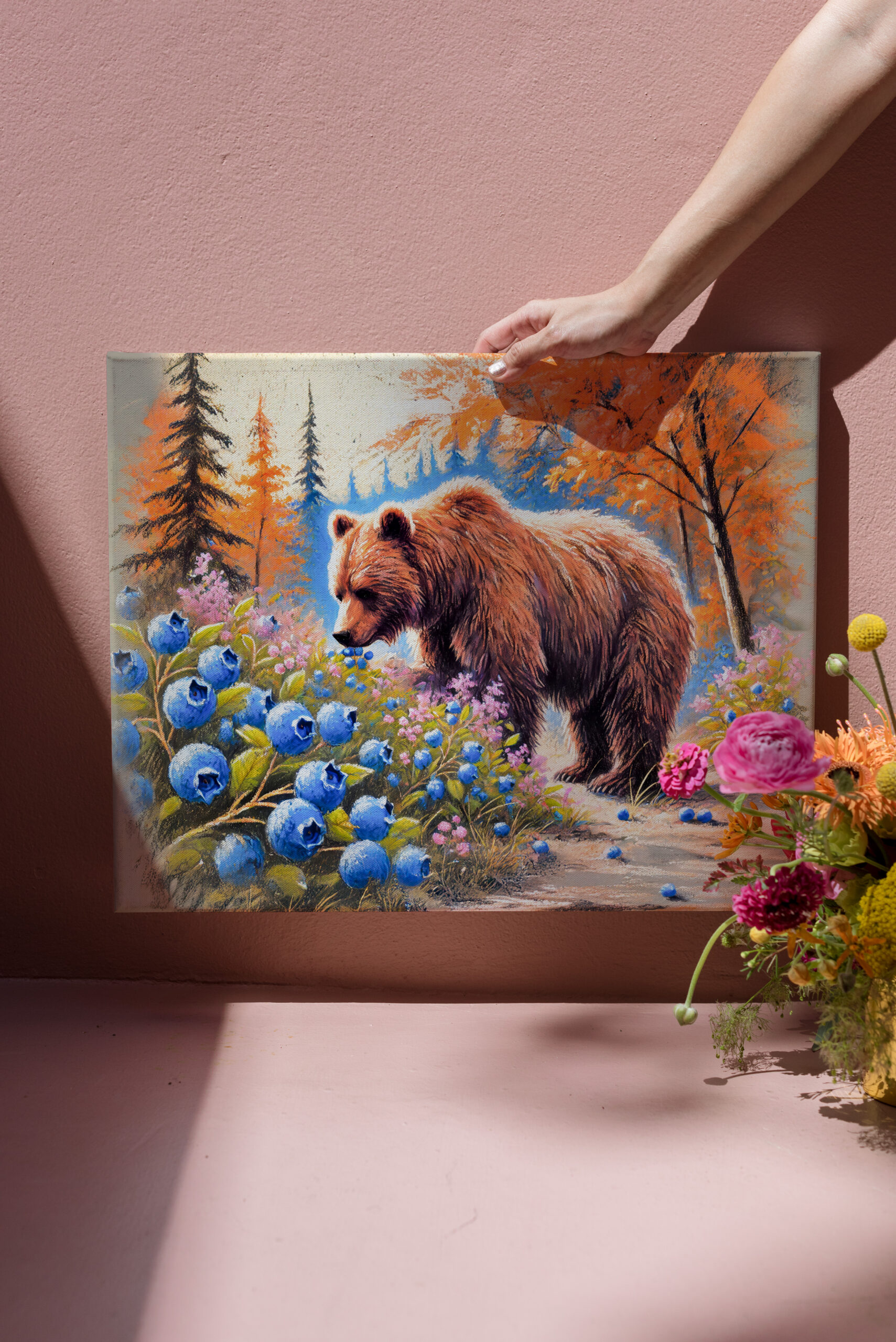 raxxa Canva: Brown Bear with Blueberries Pastel Chalk Art