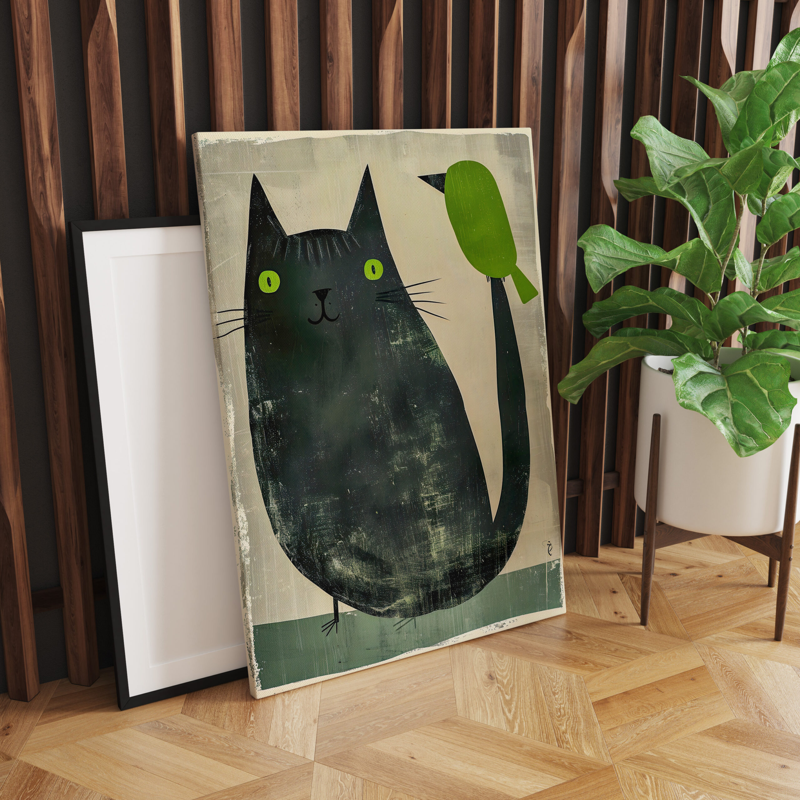 raxxa Canva: Black Cat with Green Bird on Tail