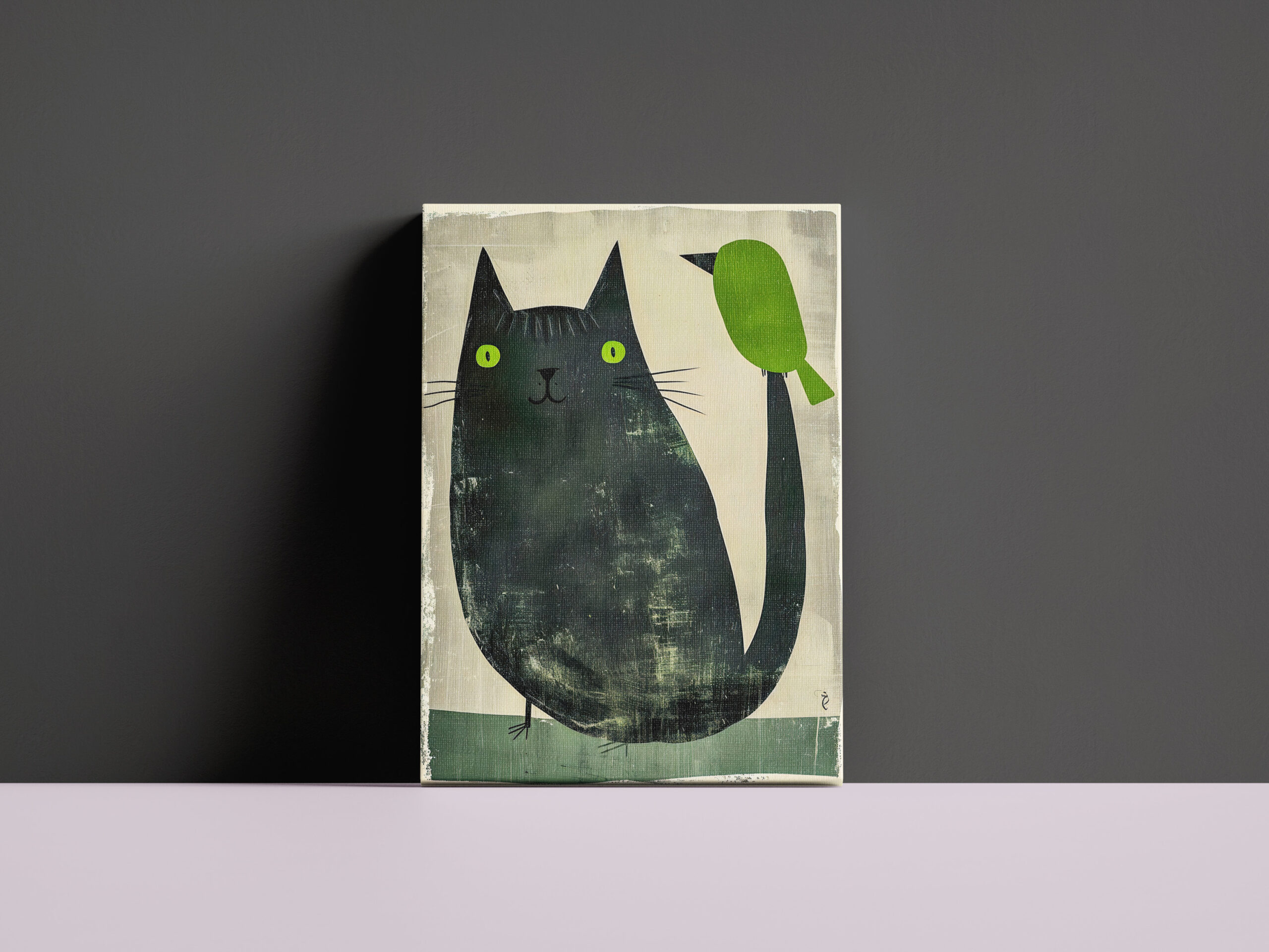 raxxa Canva: Black Cat with Green Bird on Tail - Imagen 2
