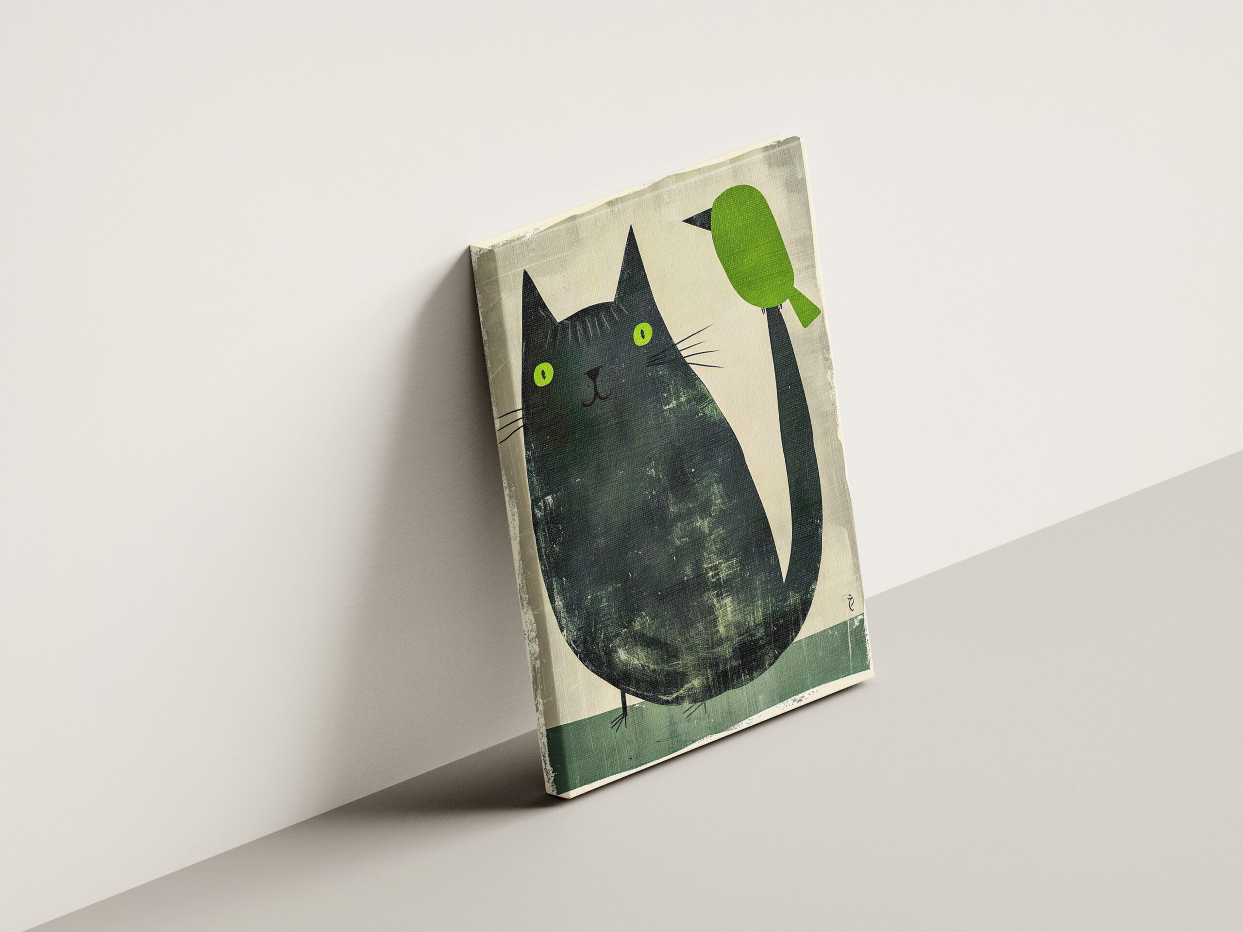 raxxa Canva: Black Cat with Green Bird on Tail - Imagen 3