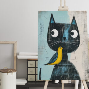 raxxa Canva: Friendly Comic Black Cat with Yellow Bird