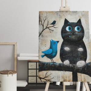 raxxa Canva: Frightened Black Cat and Blue Bird on Branch