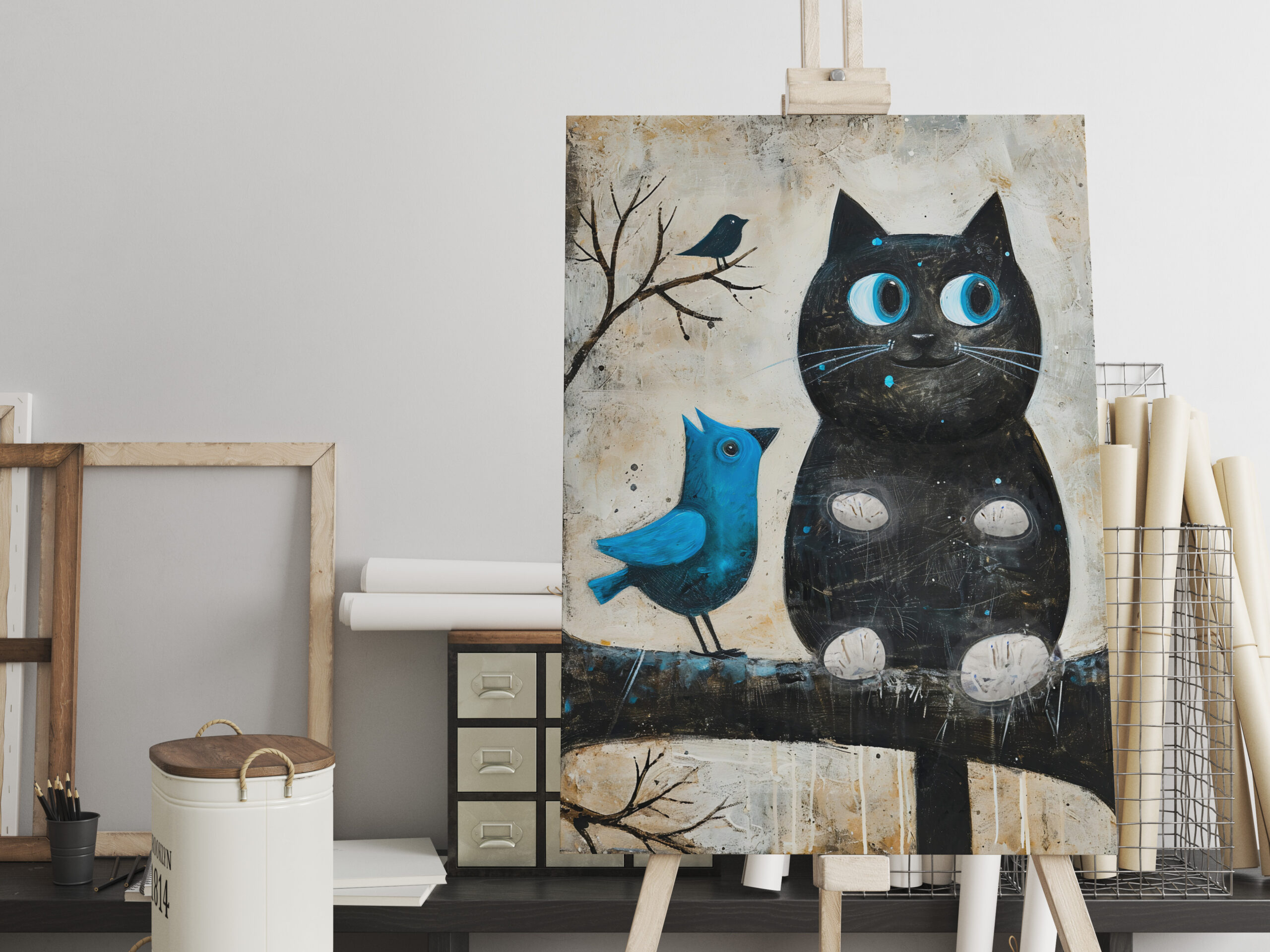 raxxa Canva: Frightened Black Cat and Blue Bird on Branch