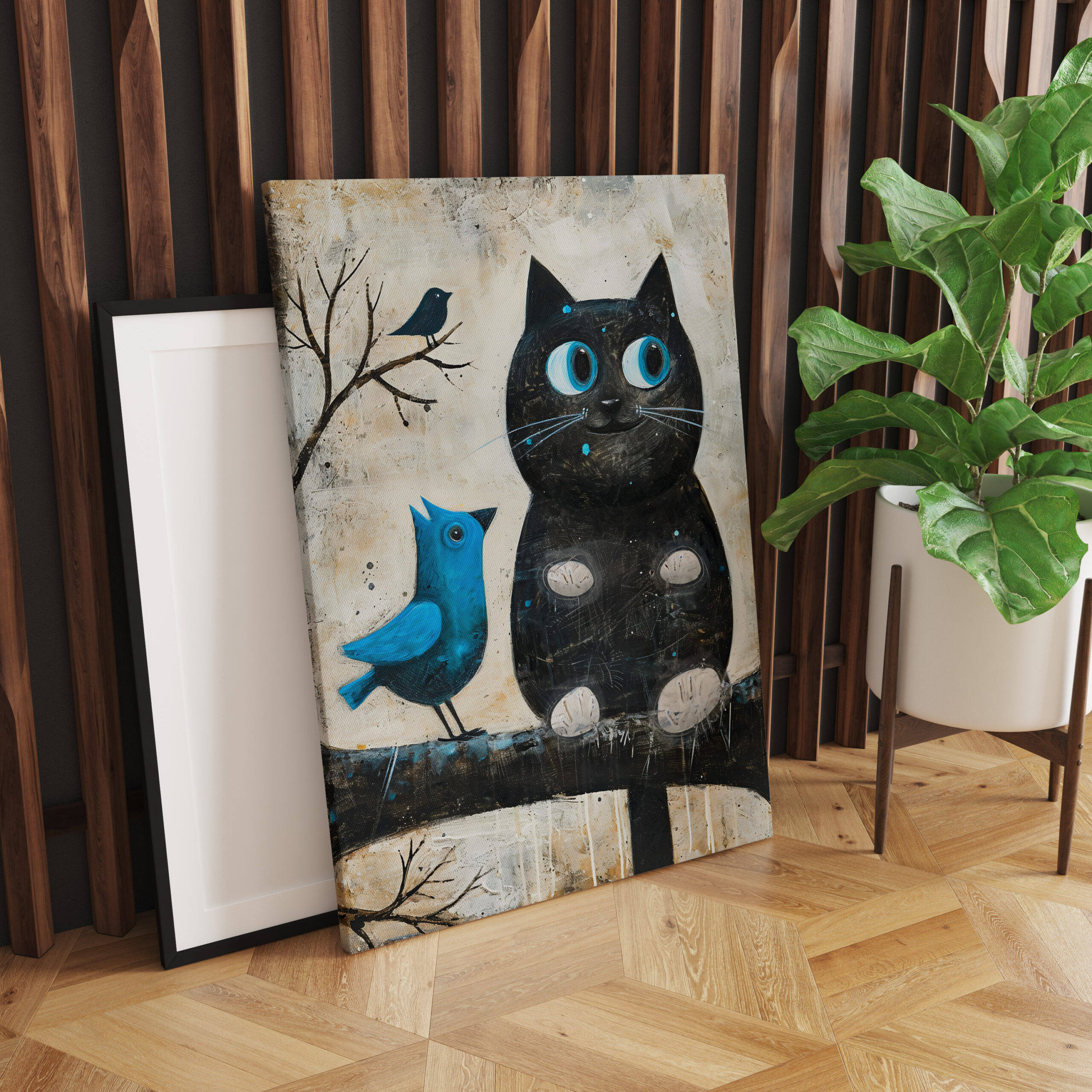 raxxa Canva: Frightened Black Cat and Blue Bird on Branch - Image 2