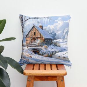 Kissen: Rustic Winter Barn by Frozen Stream