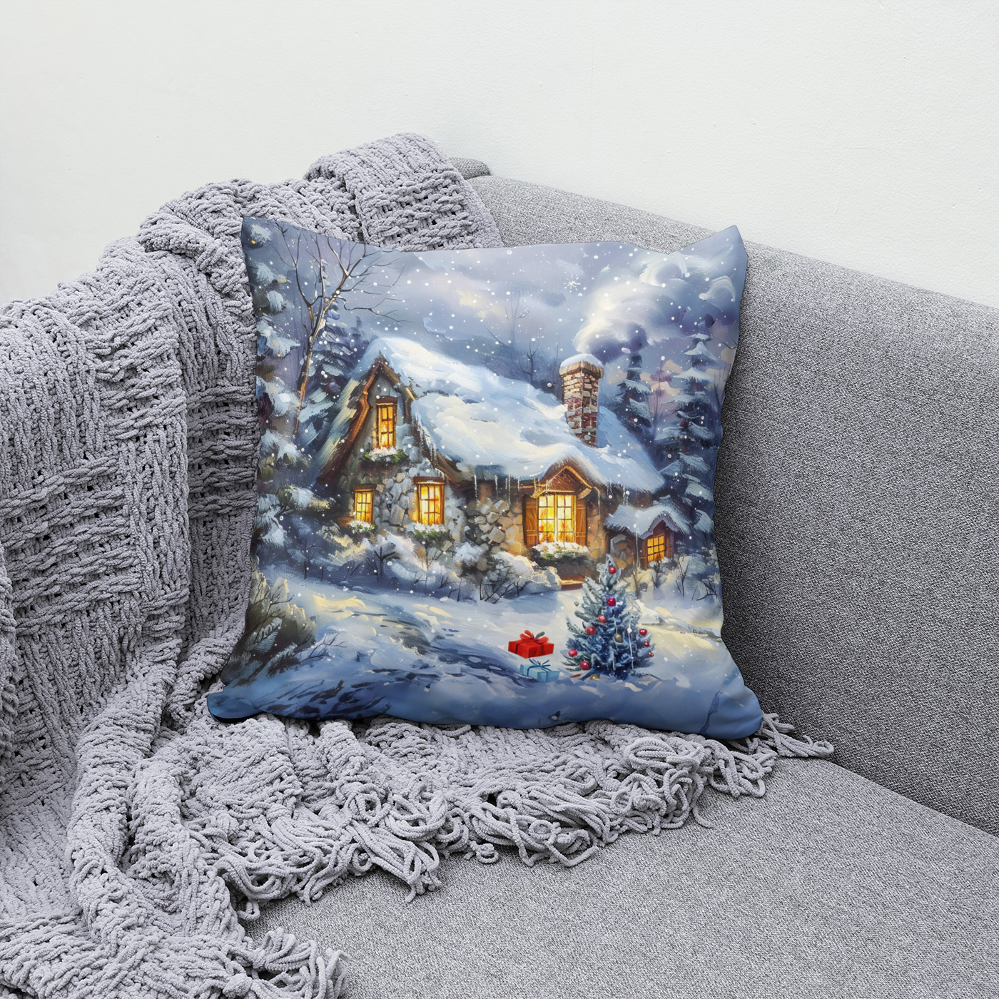 Kissen: Cozy Winter Cottage with Christmas Tree