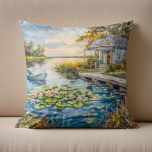 Kissen: Lakeside Fishing Cottage with Water Lilies
