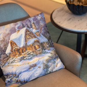Kissen: Snowy Mountain Cottage by Stream