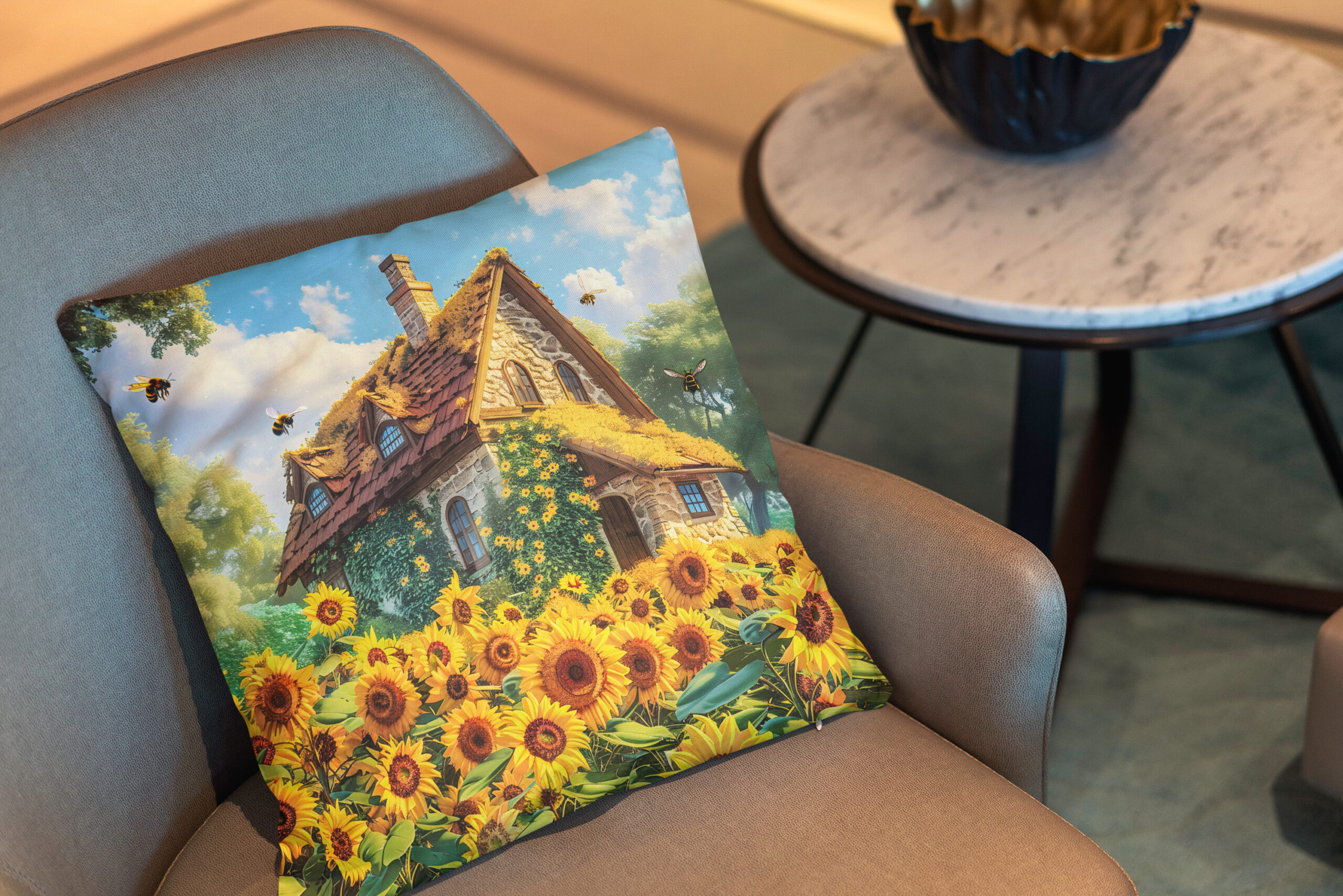 Kissen: Sunlit Farmhouse with Blooming Sunflowers - immagine 2