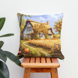 Kissen: Autumn Cottage by Wheat Field and Pumpkins