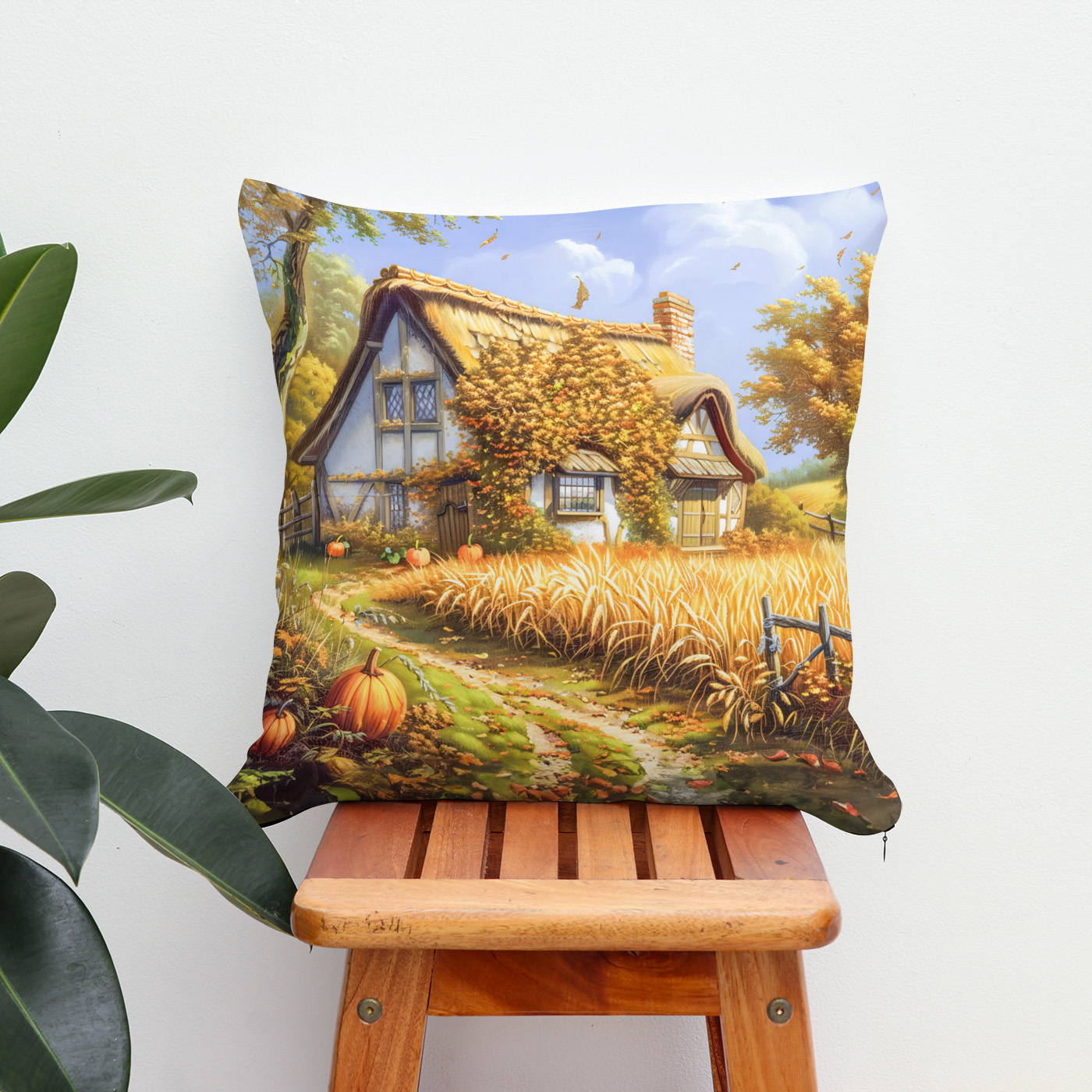 Kissen: Autumn Cottage by Wheat Field and Pumpkins