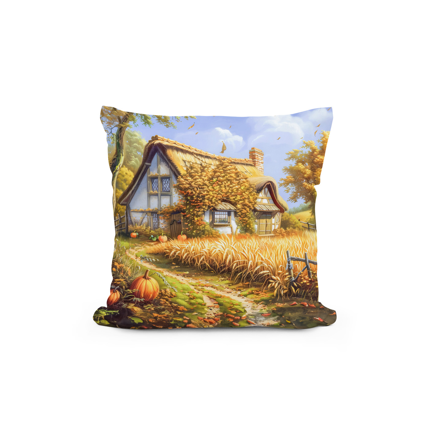 Kissen: Autumn Cottage by Wheat Field and Pumpkins - Imagen 2