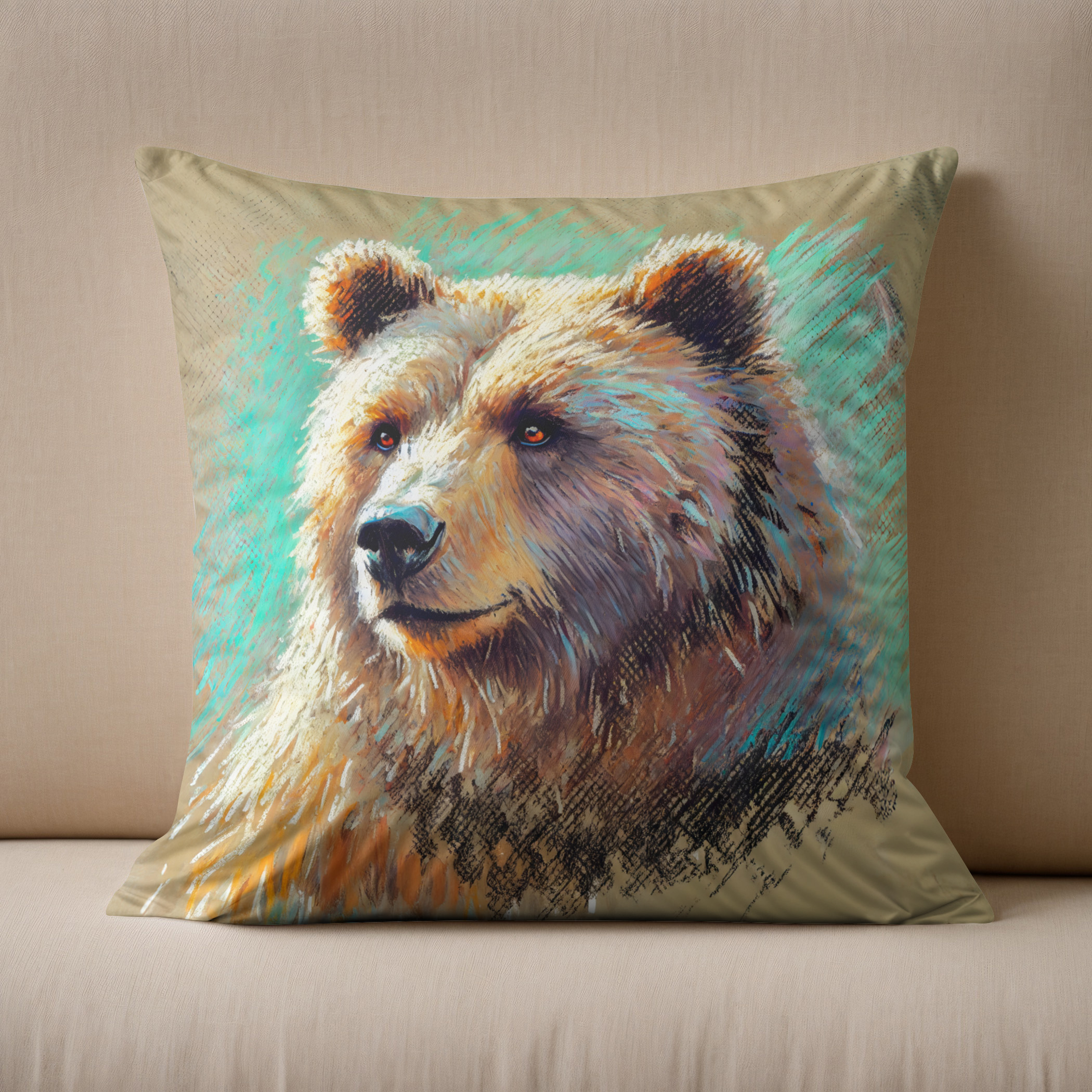 Kissen: Brown Bear Portrait Pastel Chalk Artwork - Imagen 2