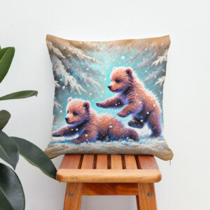 Kissen: Playful Bear Cubs in Snow Pastel Chalk Drawing