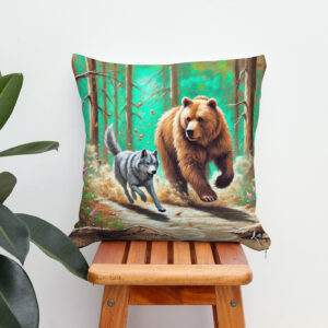 Kissen: Wolf and Bear Chase Pastel Chalk Forest Scene