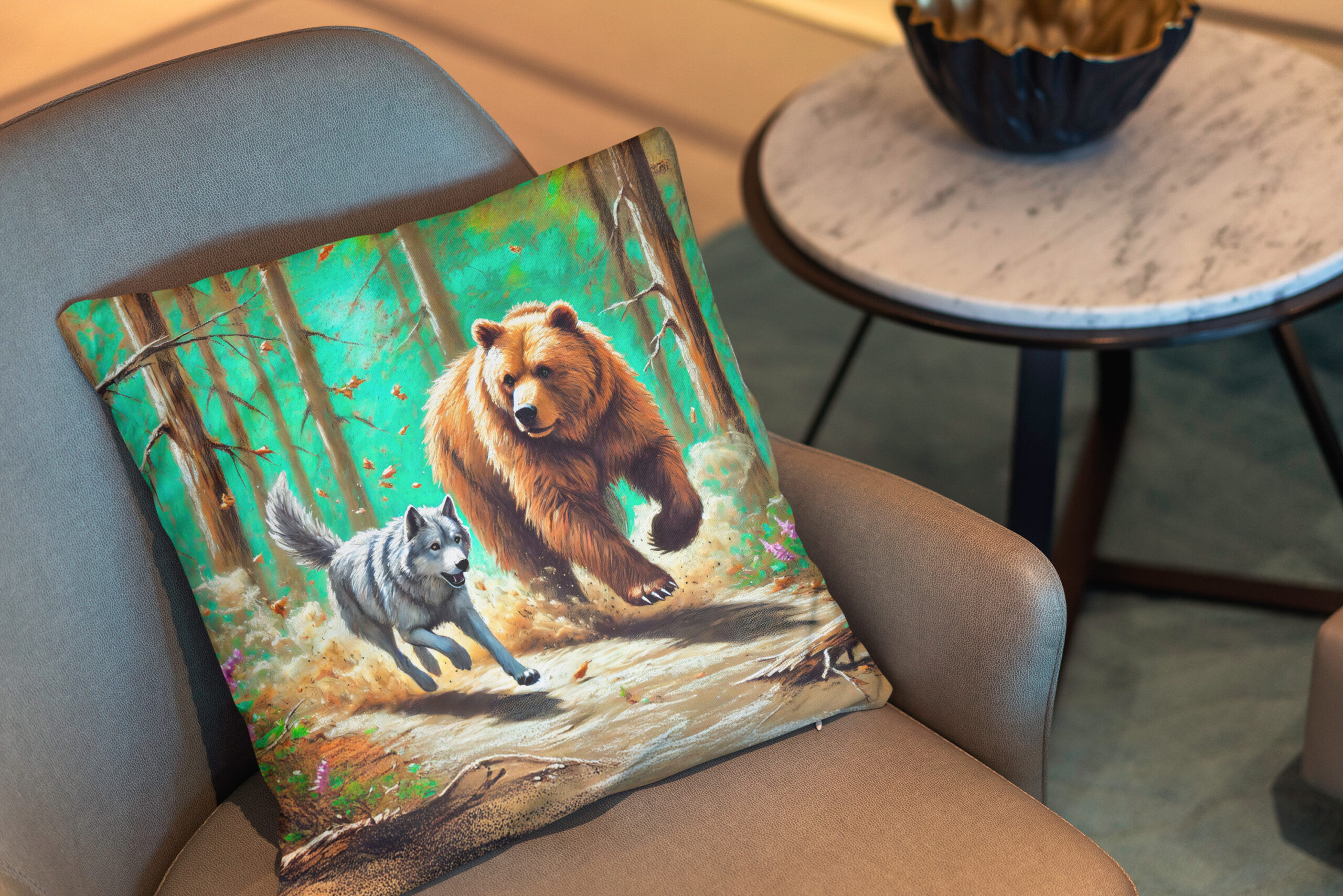 Kissen: Wolf and Bear Chase Pastel Chalk Forest Scene - Image 2