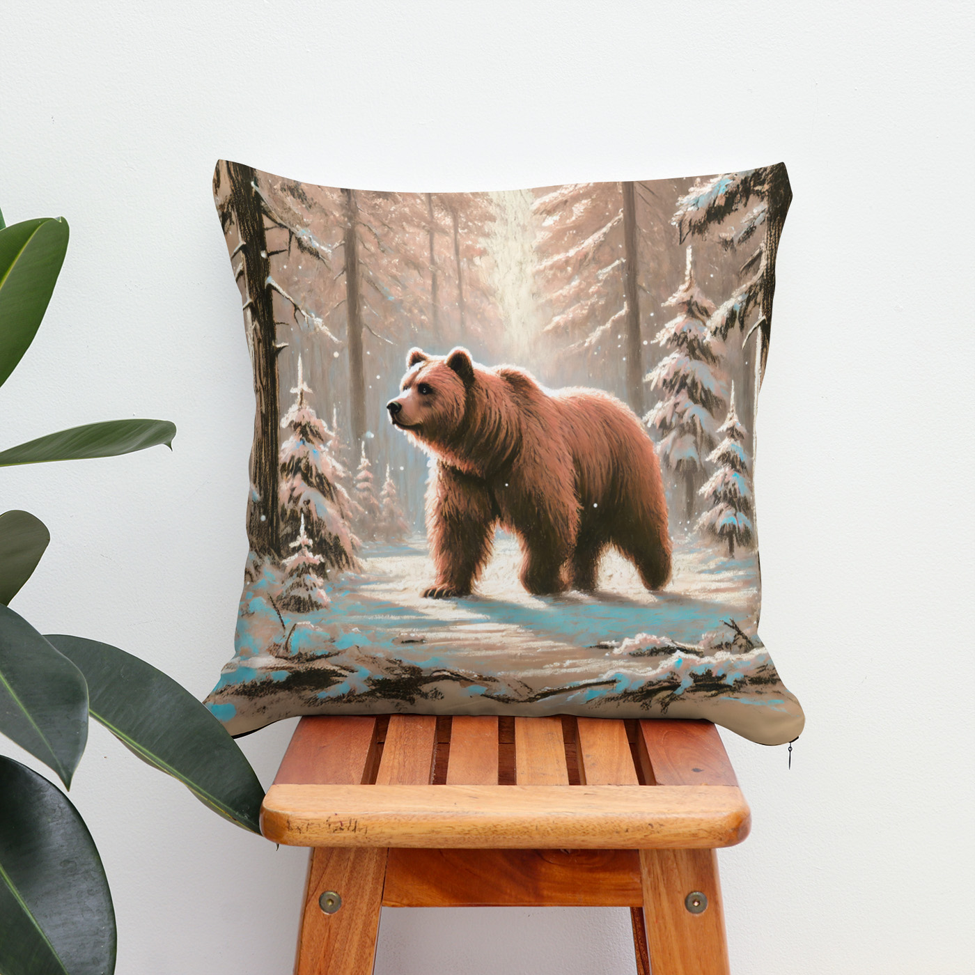 Kissen: Brown Bear in Snowy Forest Pastel Chalk Art - immagine 2