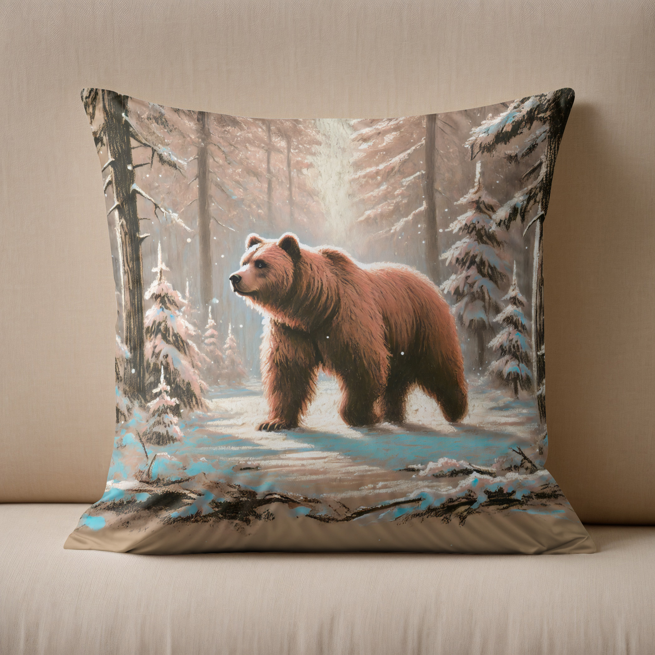 Kissen: Brown Bear in Snowy Forest Pastel Chalk Art