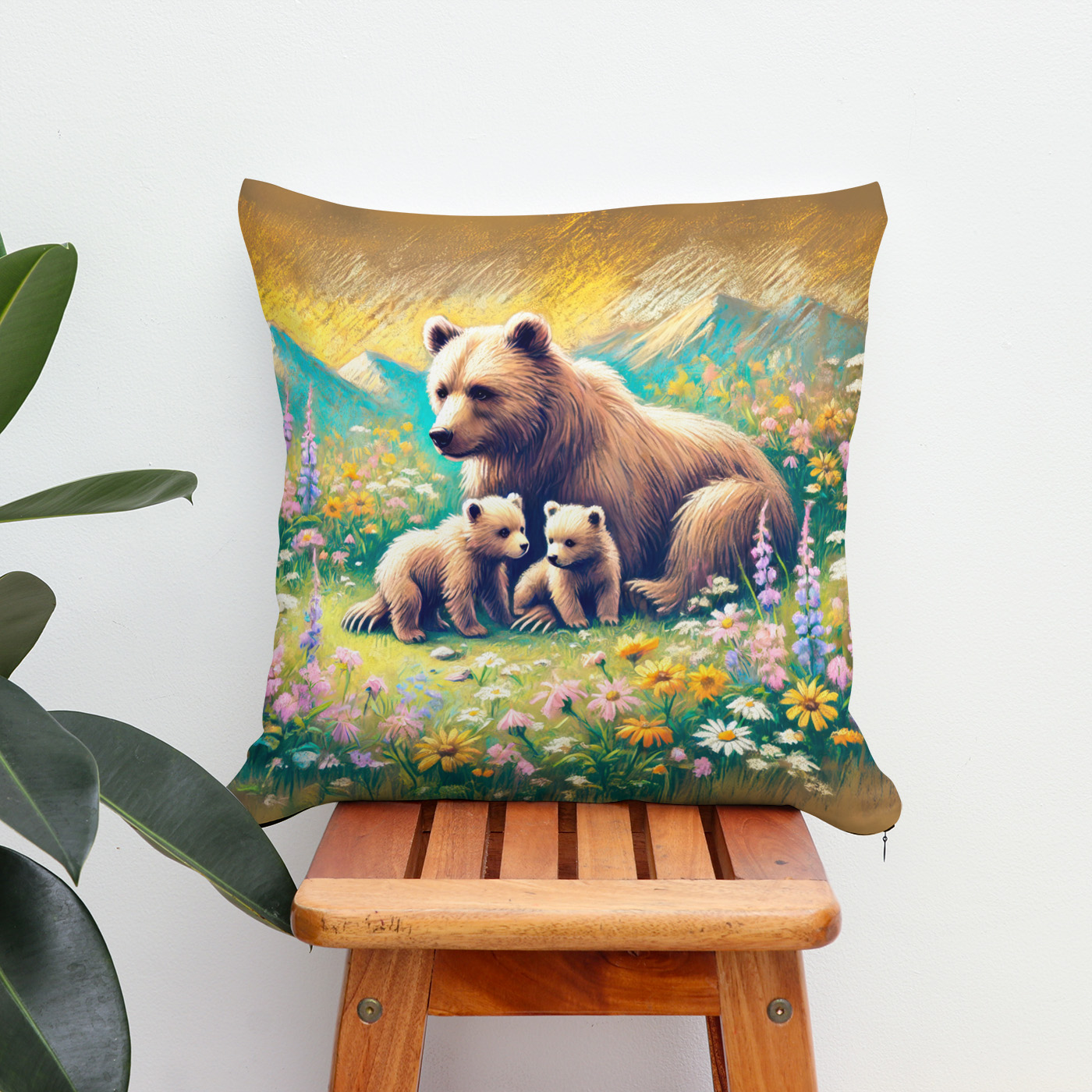 Kissen: Bear Family in Mountain Meadow Pastel Chalk Drawing - immagine 2