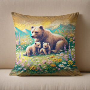 Kissen: Bear Family in Mountain Meadow Pastel Chalk Drawing