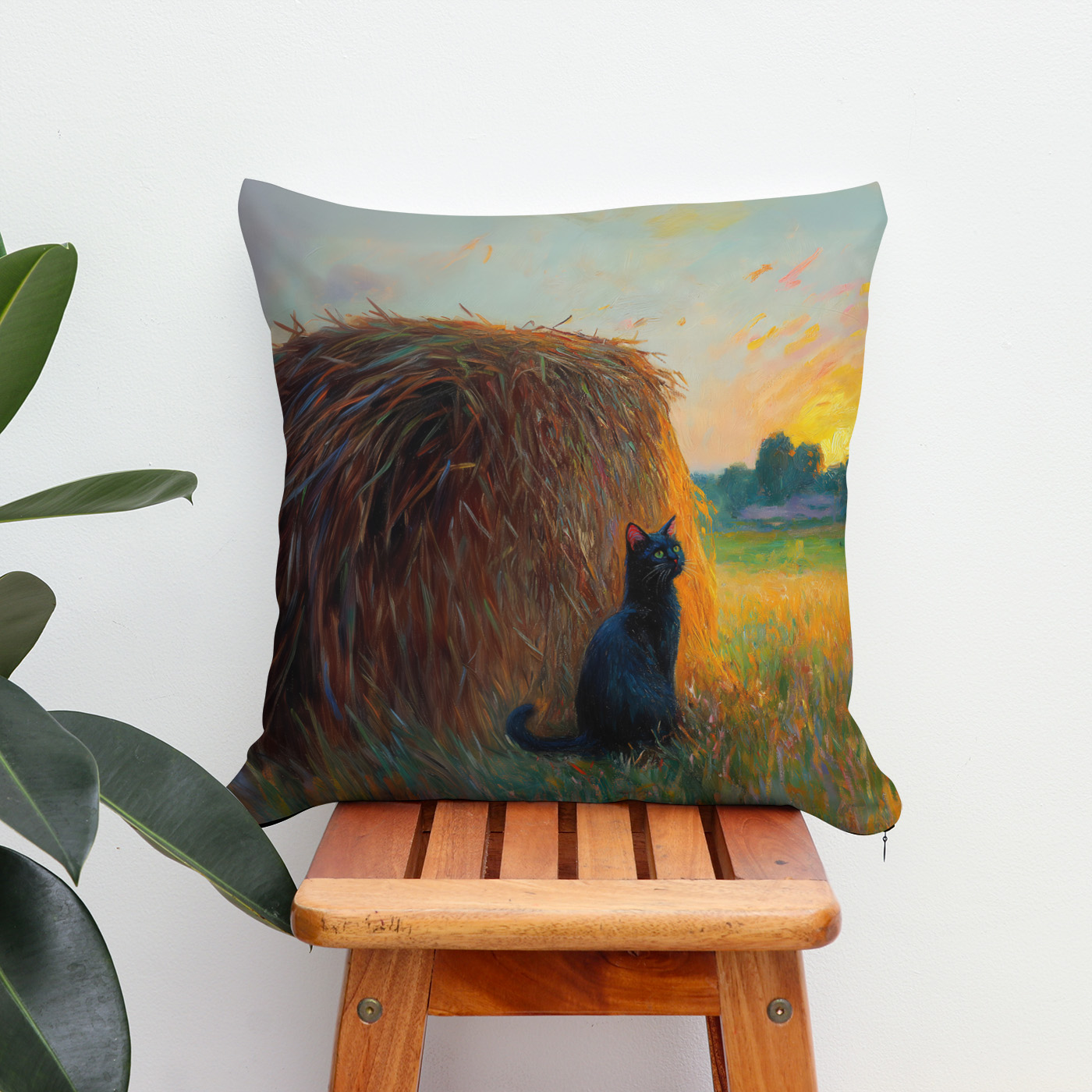 Kissen: Impressionistic Oil Painting of Cat by Haystack at Sunset