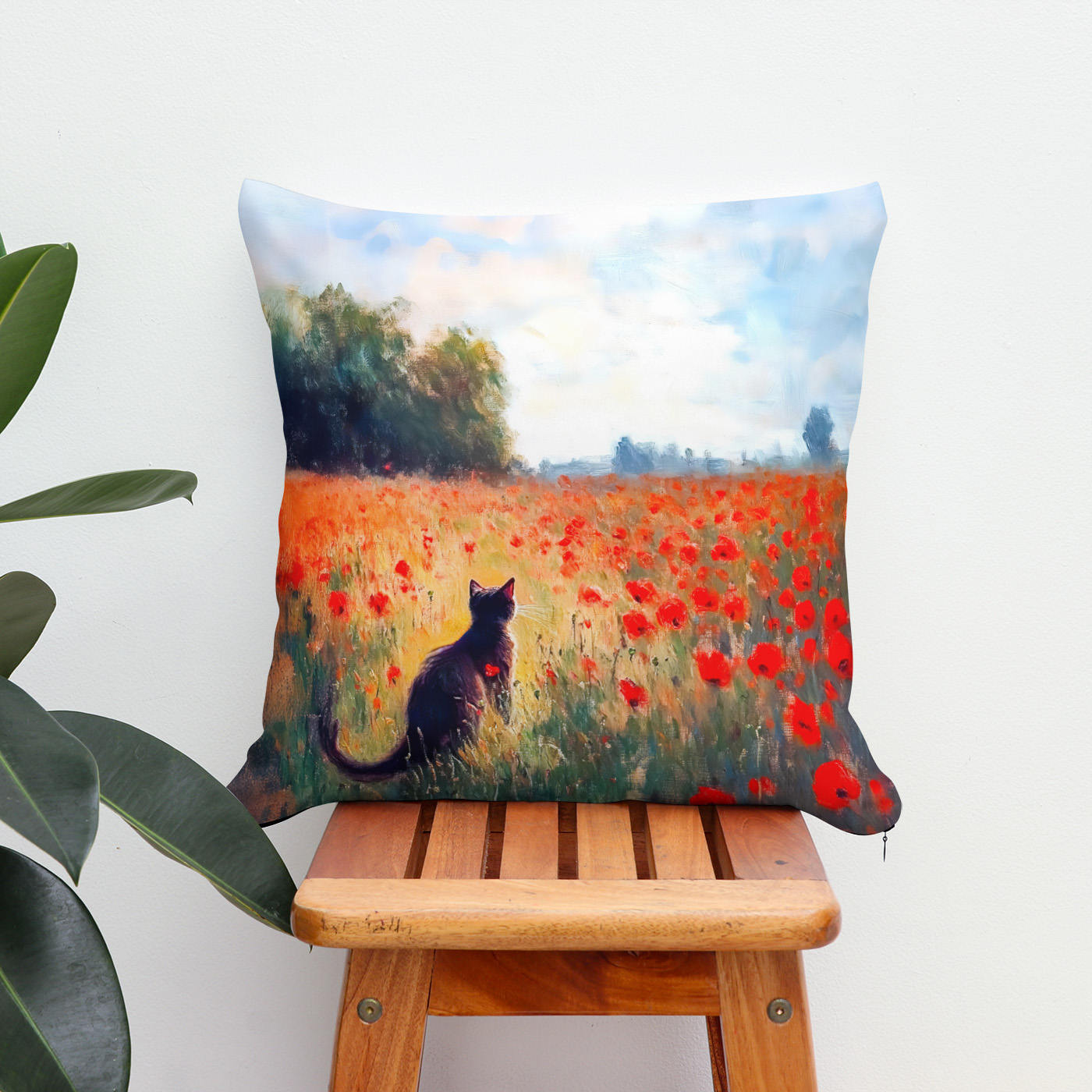 Kissen: Impressionistic Oil Painting of Cat in Blooming Poppy Field