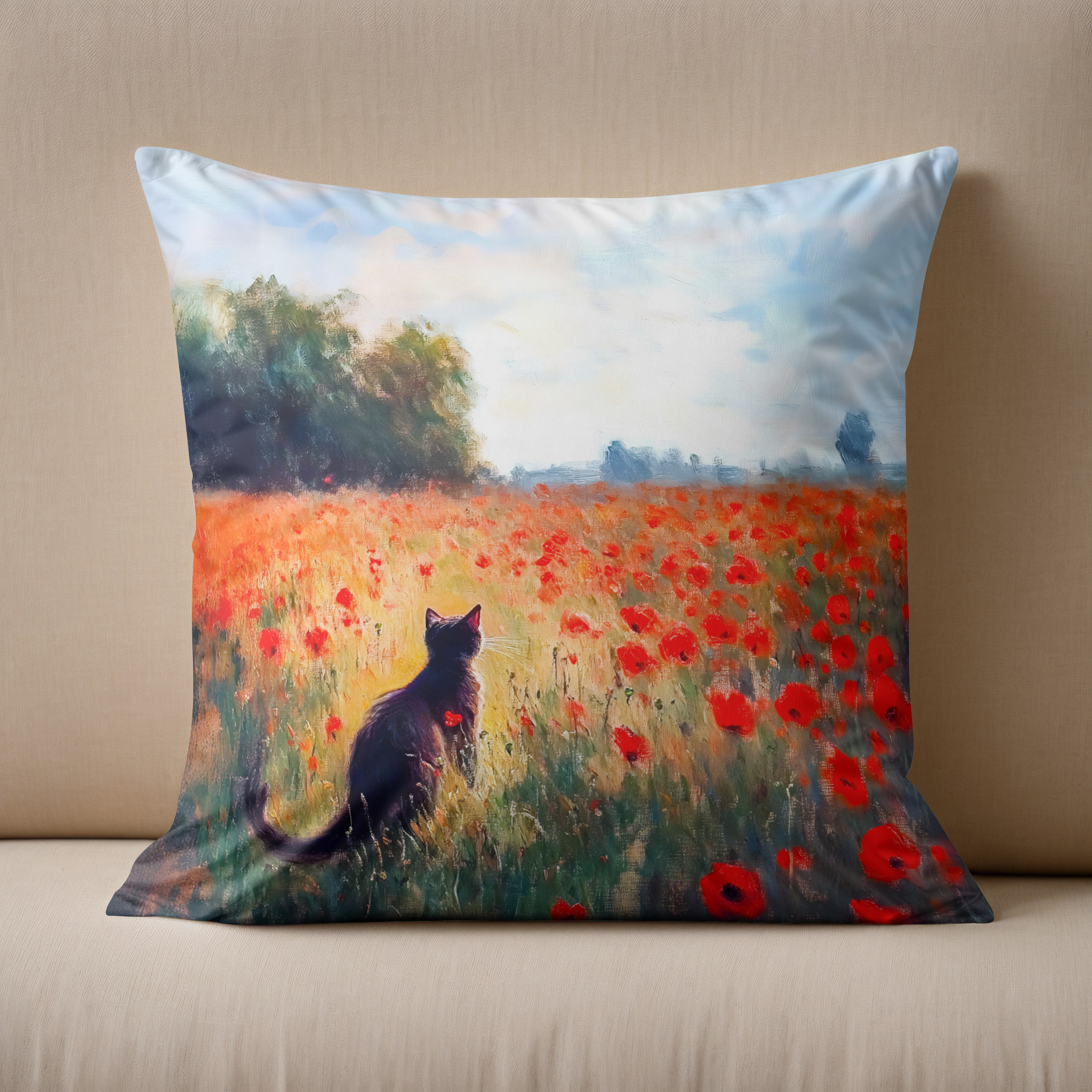 Kissen: Impressionistic Oil Painting of Cat in Blooming Poppy Field - immagine 2