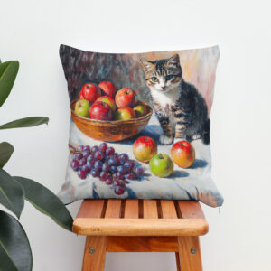 Kissen: Impressionistic Oil Painting of Cat in Still Life with Apples and Grapes