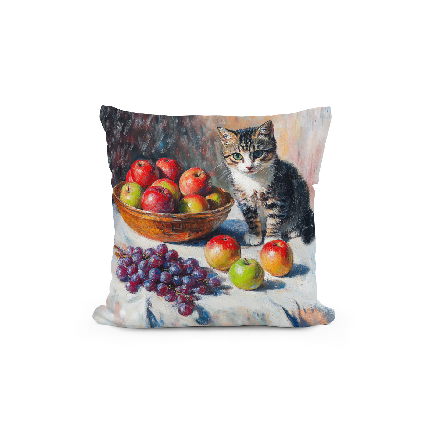 Kissen: Impressionistic Oil Painting of Cat in Still Life with Apples and Grapes - immagine 2