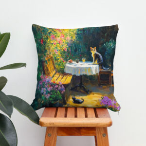 Kissen: Impressionistic Oil Painting of Cats Playing in Garden Corner