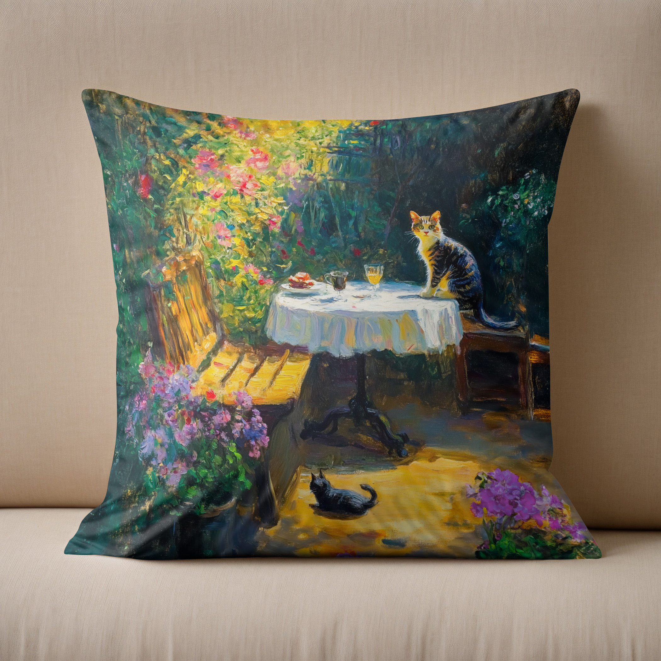 Kissen: Impressionistic Oil Painting of Cats Playing in Garden Corner - Image 2