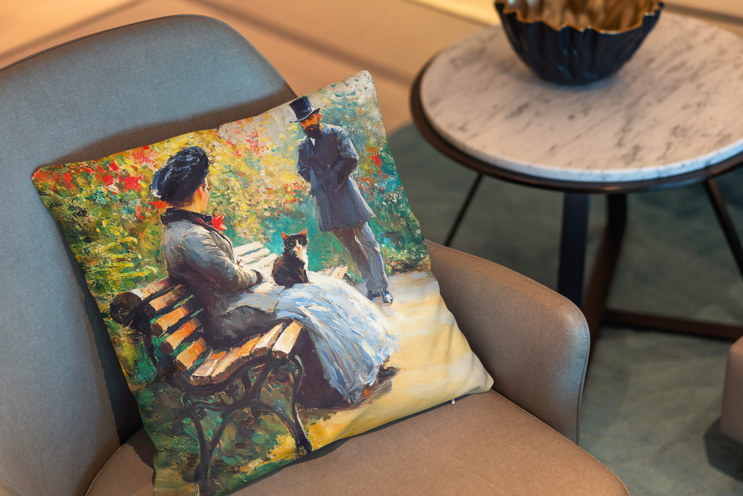 Kissen: Impressionistic Oil Painting of Couple in Garden with Cat on Lap - immagine 2