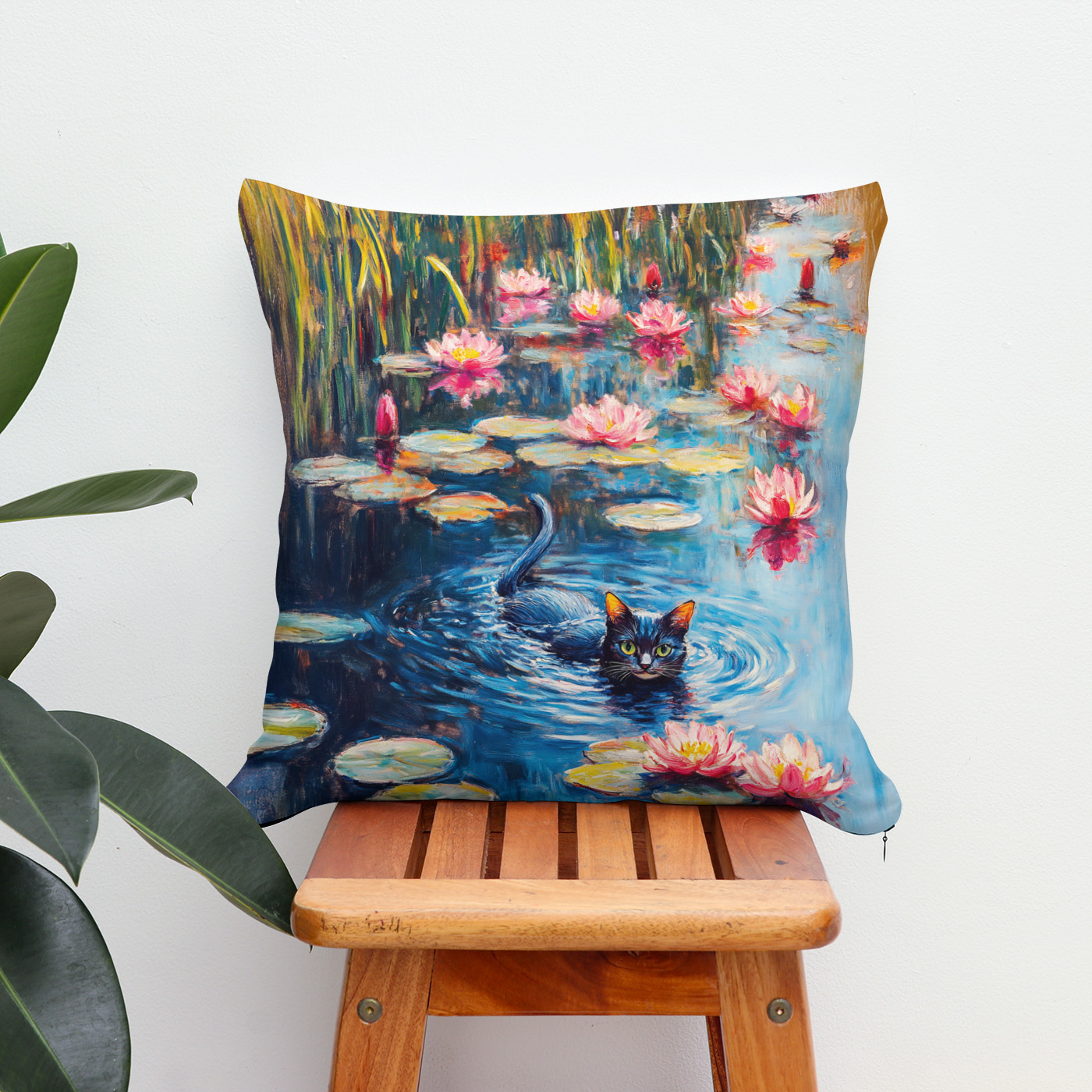 Kissen: Impressionistic Oil Painting of Black Cat in Lily Pond